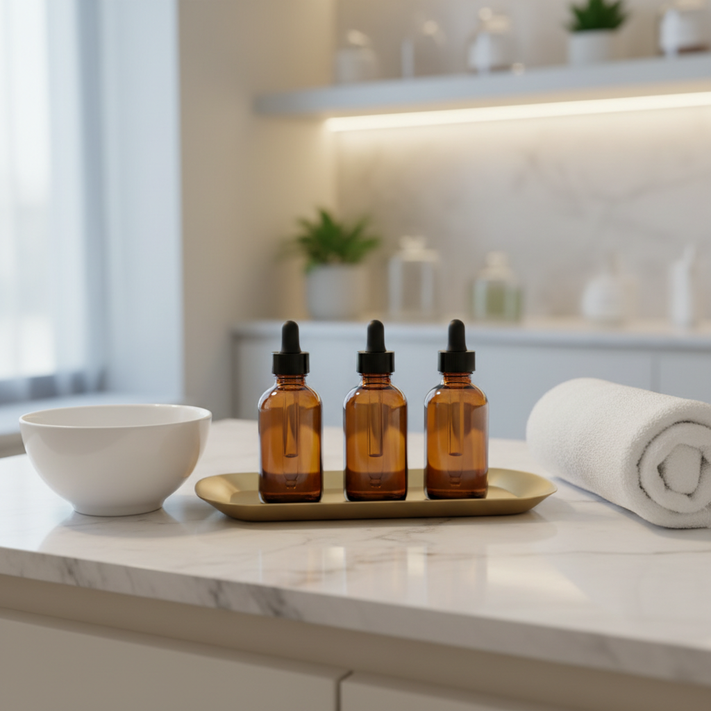 A close-up, photographic view of an immaculate spa treatment station featuring a glossy white ceramic bowl, a brushed-gold tray with amber glass serum bottles, and a neatly rolled, cloud-soft towel. The items rest on a pale marble countertop with faint gray veining. Cool, diffused overhead lighting combines with warm side light from a nearby window, creating soft reflections on the glass and delicate shadows along the marble edges. The composition uses rule of thirds, with the tray in sharp focus and the background fading into a creamy bokeh of spa shelving and greenery. The mood is refined, hygienic, and relaxing, ideal for conveying professional skincare and post-op massage care.