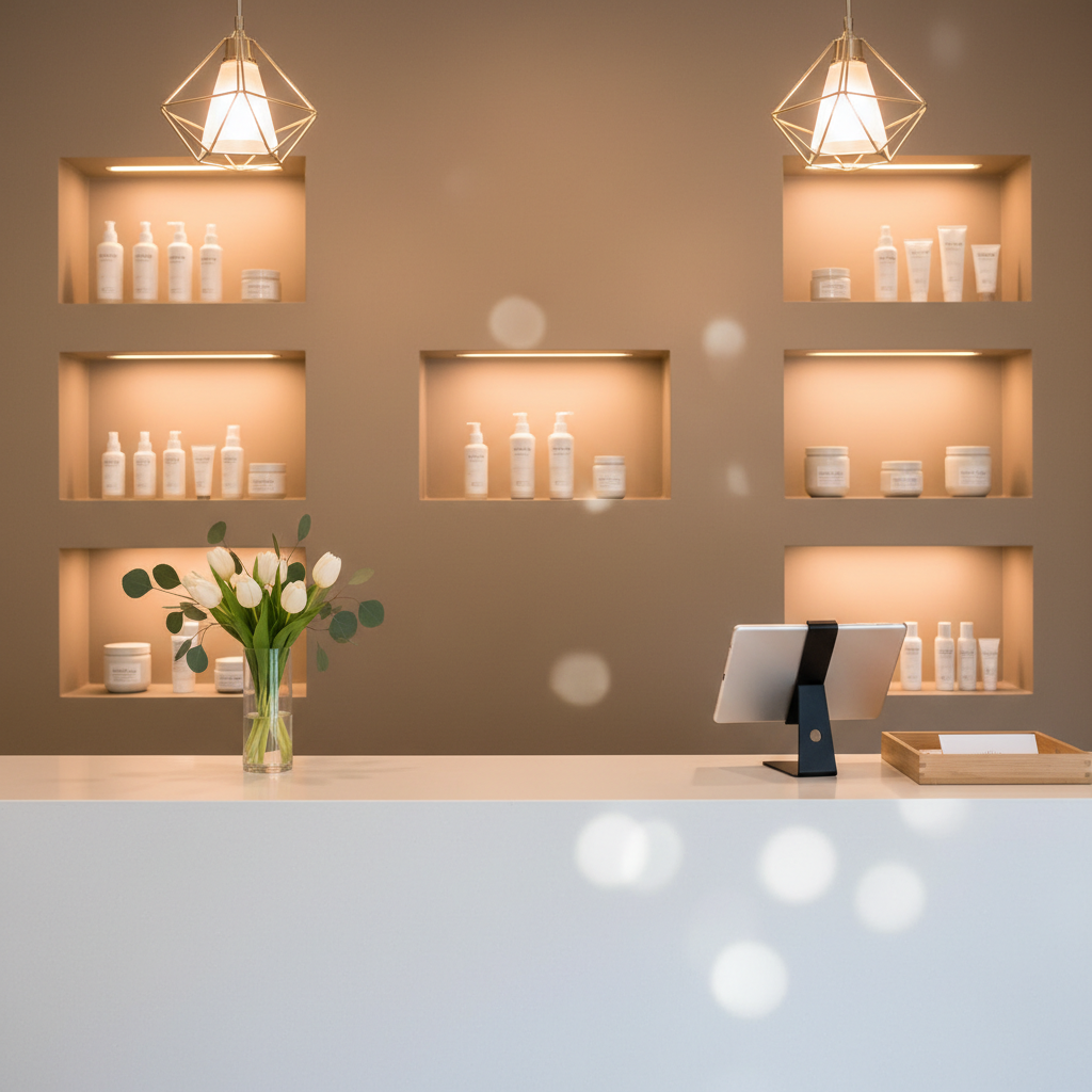 A modern reception desk scene in a boutique skincare and massage studio, featuring a smooth white quartz counter with subtle sparkle, a slim vase of fresh white flowers, and a sleek tablet stand beside a minimalist appointment card tray with no visible text. Behind the desk, a softly lit feature wall in warm taupe showcases built-in shelving with curated skincare products in uniform, label-free bottles and jars. Overhead pendant lights cast a warm, diffused glow, creating delicate reflections on the quartz and soft bokeh in the background. Photographic realism, captured at eye level with a refined, editorial feel. The mood is welcoming, professional, and understatedly luxurious, perfect for a sophisticated Encino wellness space.