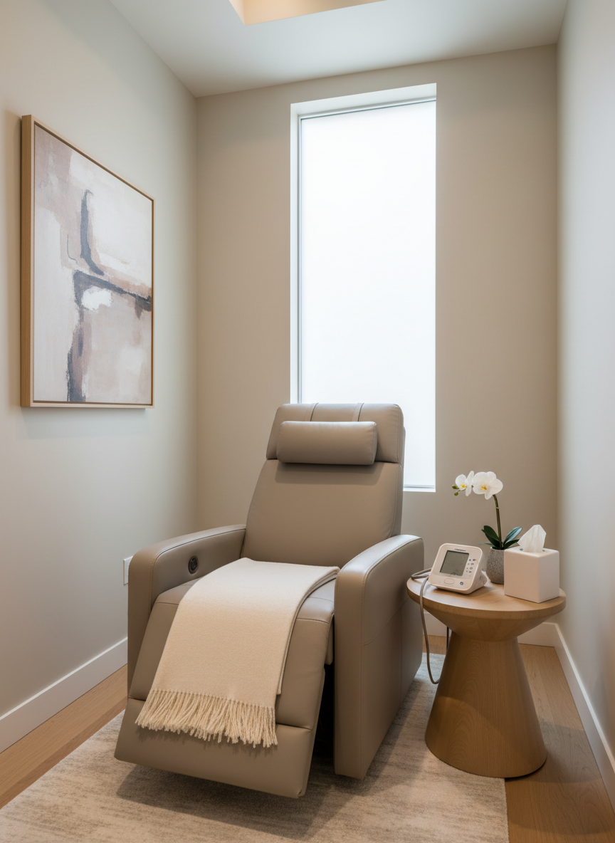 A tastefully designed post-operative recovery corner in a wellness clinic, showcasing a reclining treatment chair upholstered in light taupe faux leather, with a supportive cushion and a folded, ultra-soft blanket at the foot. Nearby, a small side table holds contactless digital equipment, a minimalist tissue box, and a single white orchid in a frosted glass vase. Soft, indirect ceiling lighting and muted daylight from a high window bathe the area in a gentle, comforting glow. Photographic realism, shot from a slightly elevated angle with clear focus throughout, emphasizing cleanliness, safety, and calm. The palette of warm neutrals and soft whites reflects a sophisticated, Encino-style medical spa environment.
