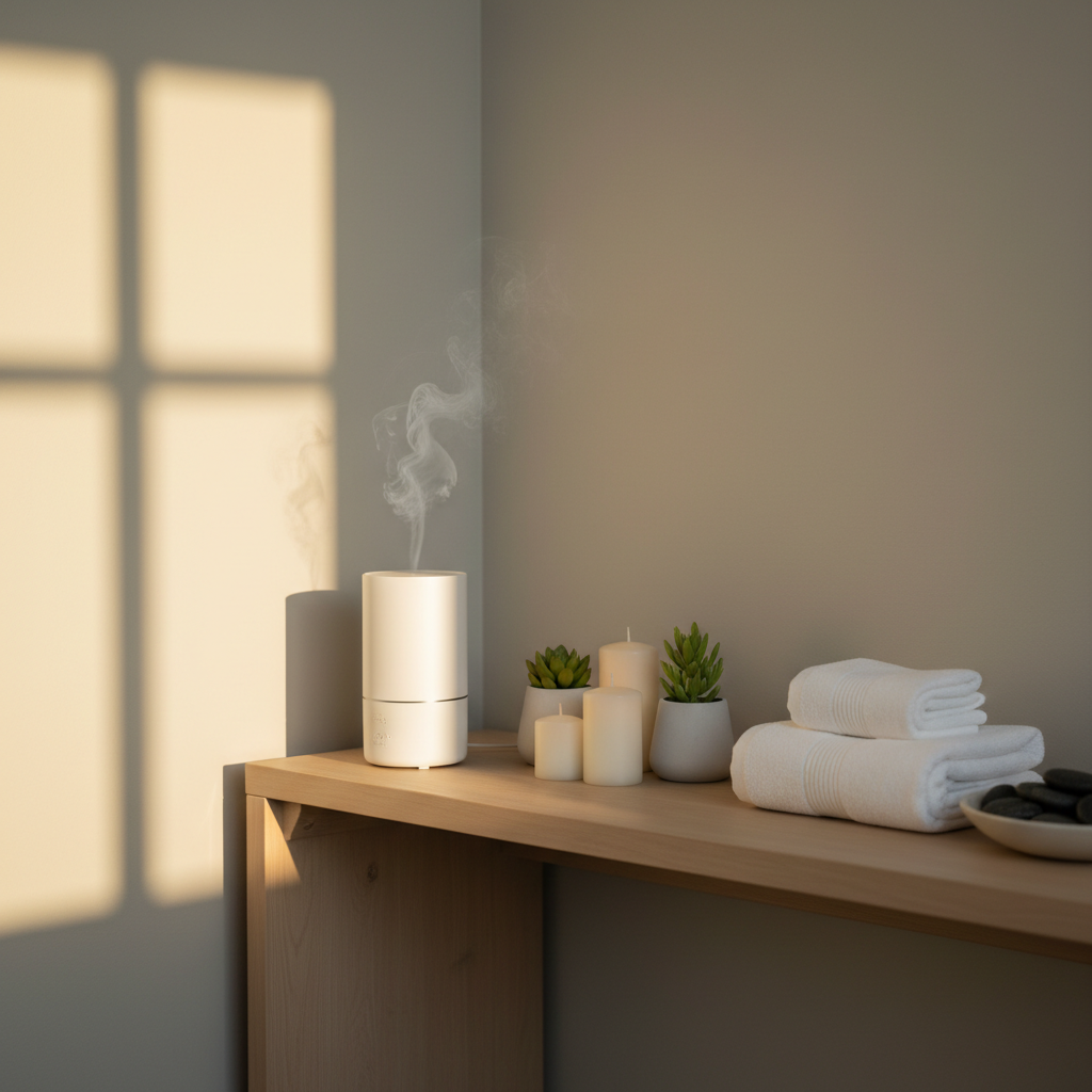 A tranquil Encino-inspired treatment room vignette featuring a low wooden console table against a soft greige wall, holding a minimalist ultrasonic diffuser emitting a faint mist, a cluster of unscented pillar candles, and two small potted succulents in matte white ceramic. Next to it, a stack of perfectly folded spa towels and a small bowl of polished river stones suggest massage and relaxation. Late-afternoon California sunlight filters through unseen windows, creating elongated, delicate shadows and a warm, golden wash across the scene. Photographic realism, framed tightly with asymmetrical balance and a shallow depth of field, keeps the background softly blurred. The atmosphere is serene, grounded, and subtly luxurious, matching a sophisticated skincare studio brand.