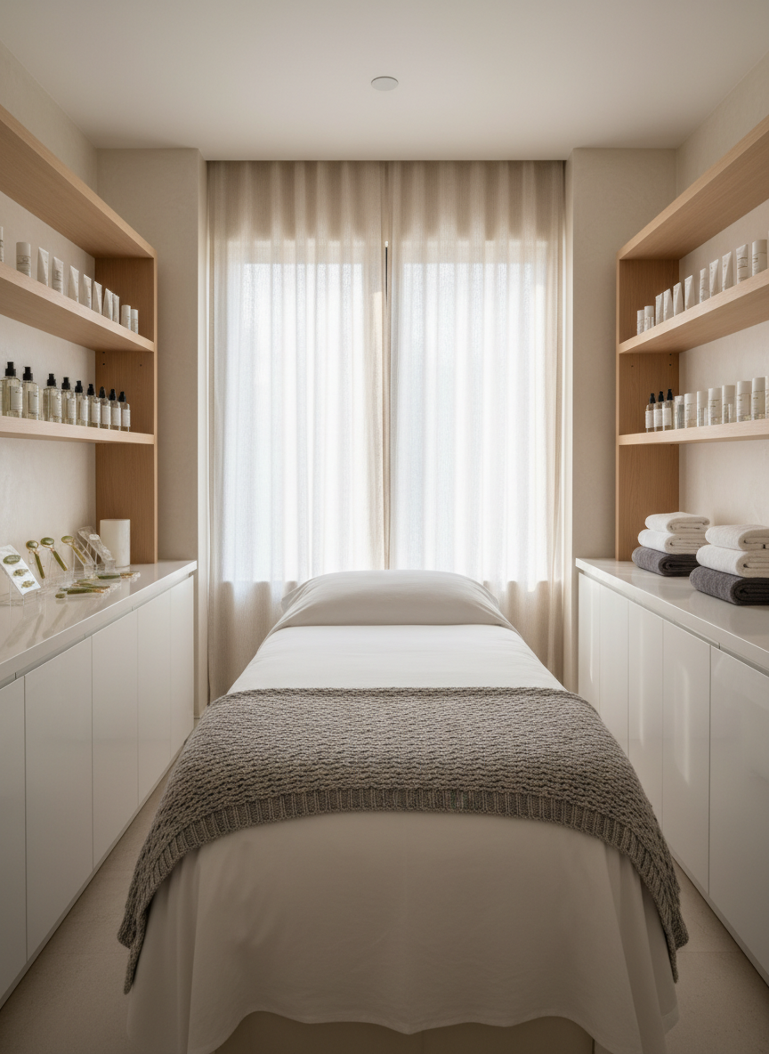 A luxurious skincare treatment bed draped in crisp white linens and a soft dove-gray throw, positioned centrally in an elegant treatment room. Around it, sleek white cabinetry and pale oak shelving display neatly arranged glass skincare bottles, jade rollers, and plush folded towels. Soft afternoon light filters through sheer linen curtains, creating gentle highlights on the polished surfaces and a calm gradient of shadows on the walls. Photographic realism, shot at eye level with a slightly wide angle to capture the whole space, shallow depth of field subtly blurring the distant corners. The atmosphere feels serene, sophisticated, and spa-like, evoking the refined comfort of a high-end Encino skincare and massage studio.