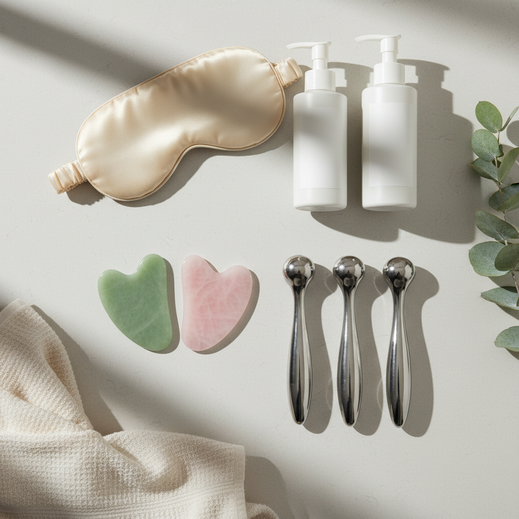 An elegant flat-lay composition of professional skincare and massage tools arranged on a pale stone surface: glistening gua sha stones in translucent jade and rose quartz, stainless steel post-op care instruments, a silky eye mask, and labeled but text-free white pump bottles. A sprig of eucalyptus and a folded ivory hand towel add organic texture. Natural, diffused window light from the top left casts subtle shadows, giving each object dimension without harsh contrasts. Photographic realism with sharp focus and a clean, editorial feel, shot straight down. The mood is sophisticated and clinical yet nurturing, conveying specialized skincare and post-op massage expertise without feeling cold or sterile.